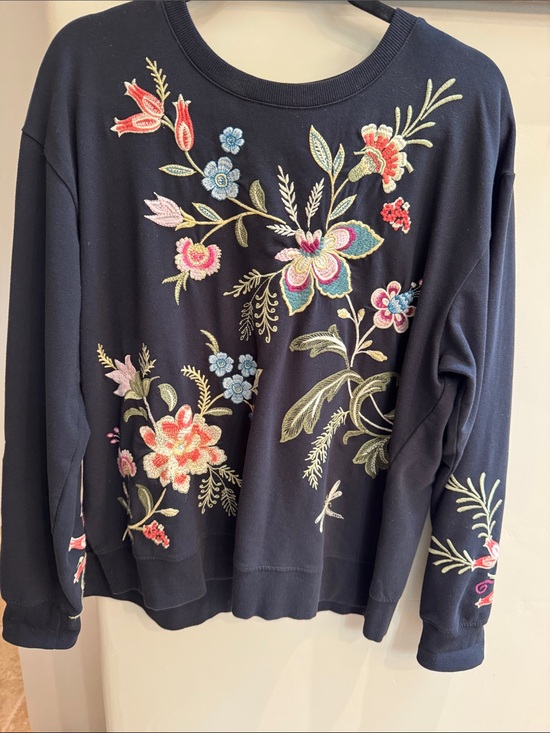 Johnny Was Tops - Johnny Was Black Floral Embroidered Sweatshirt Large